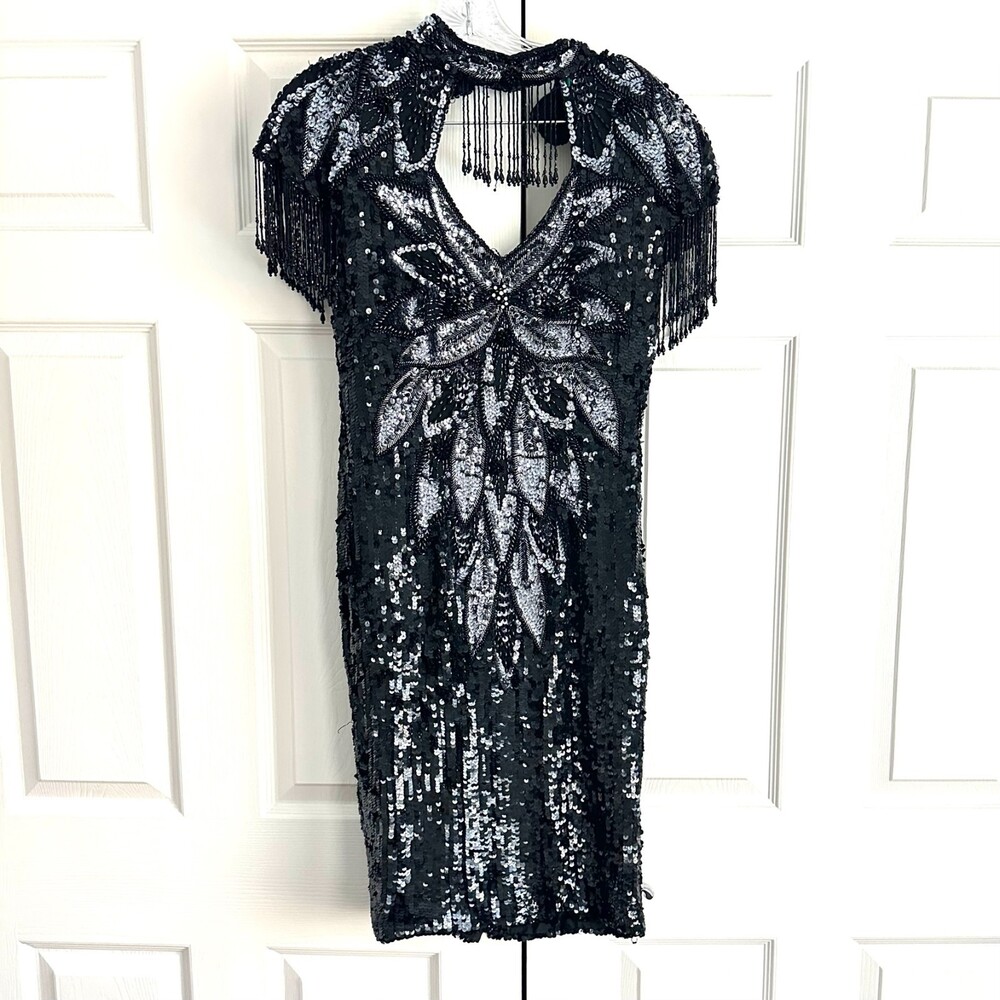 Vintage Niteline Black Fully Sequined Silk Cocktail Dress 80's– Size 10